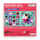 Meow Bingo magnetic board game packaging with cat illustrations on a pink background