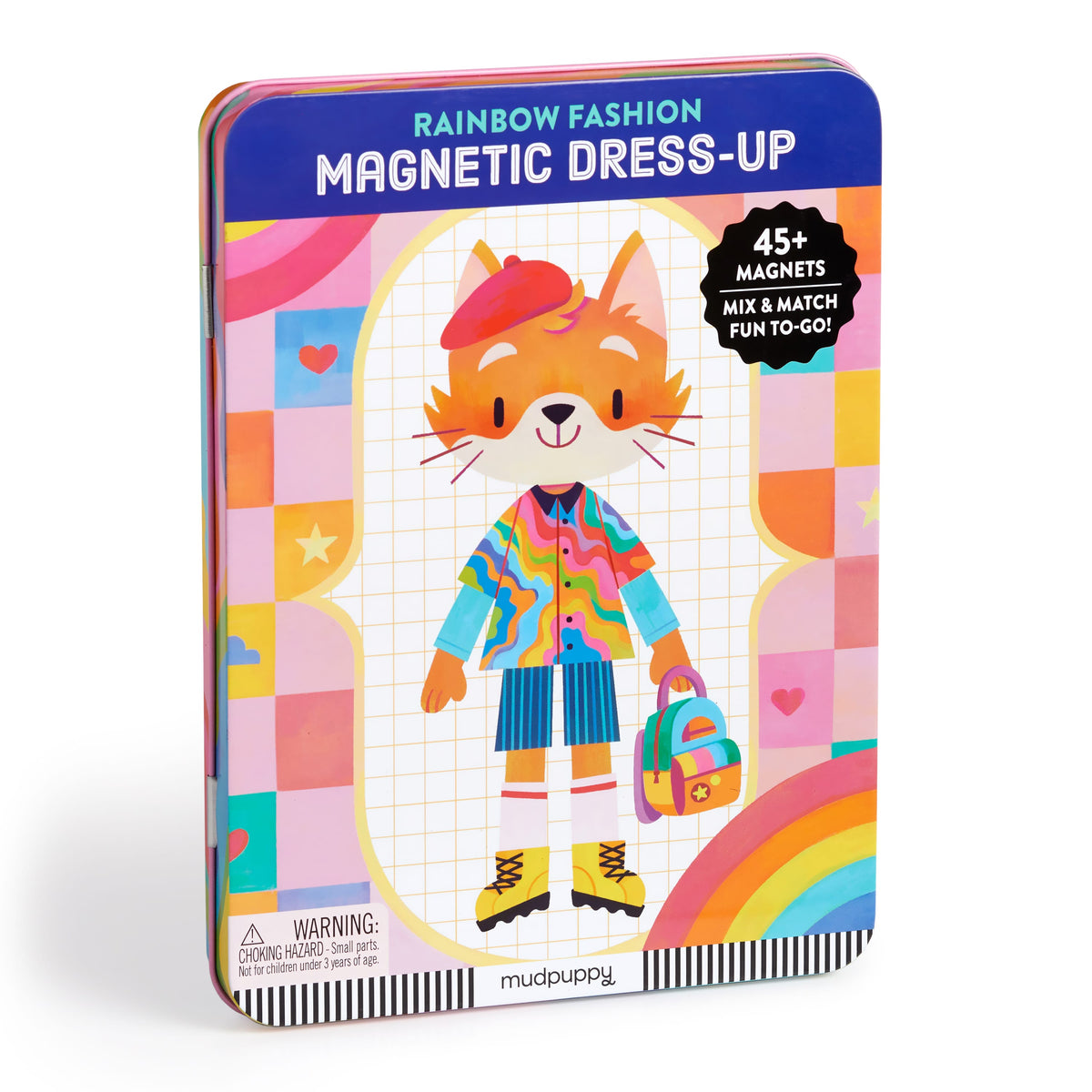 A rainbow fashion-themed magnetic dress-up toy in a rectangular metal tin with rounded corners. The front features colorful, heart, stars, and a stylized fox wearing colorful clothing, with text reading 'Rainbow Fashion Magnetic Dress-Up' and '45+ MAGNETS'.