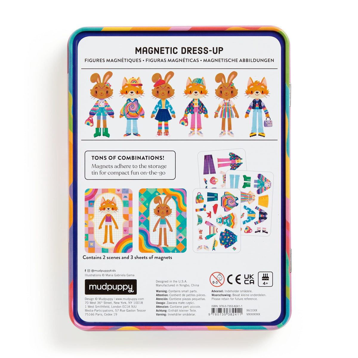 Back of the Rainbow Fashion Magnetic Play Set by Mudpuppy, illustrated by Maria Gabriela Gama.