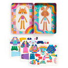 Colorful toy set with animal figures and dress-up accessories on a white background