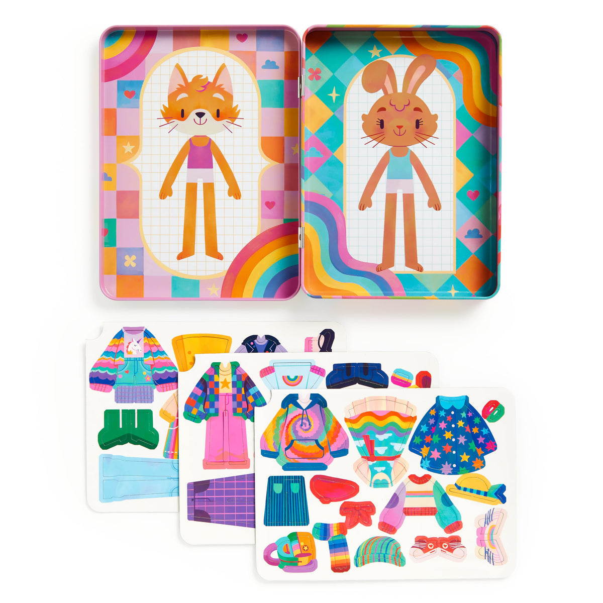 Colorful toy set with animal figures and dress-up accessories on a white background