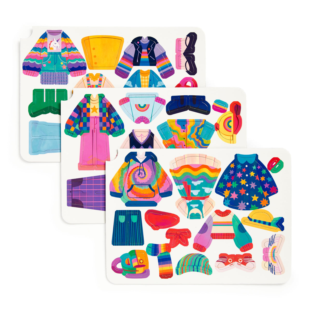 Colorful clothing and accessory stickers on a white background
