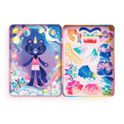 The Cat-icorn Magnetic Dress-up play set by Mudpuppy shows the open pink hinged tin displaying a woodland character scene on the left, with an assortment of magnetic clothing and accessories arranged neatly inside the right compartment.