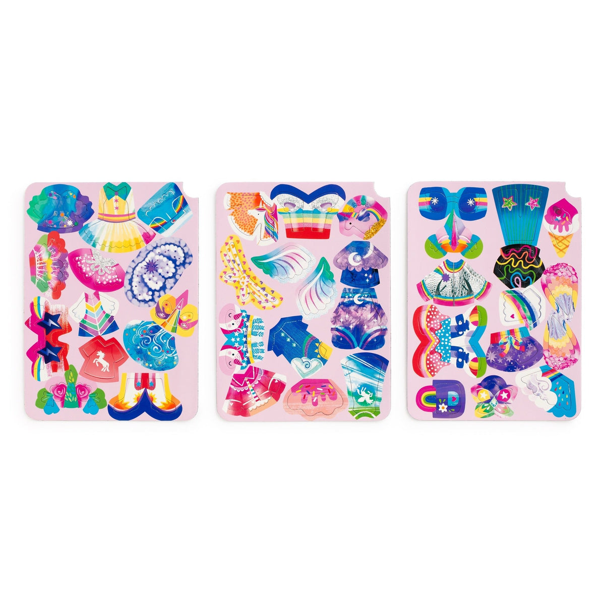 The Cat-icorn Magnetic Dress-up play set by Mudpuppy shows three separate sheets filled with an extensive collection of punch-out magnetic clothing, shoes, accessories, and fun costume pieces.