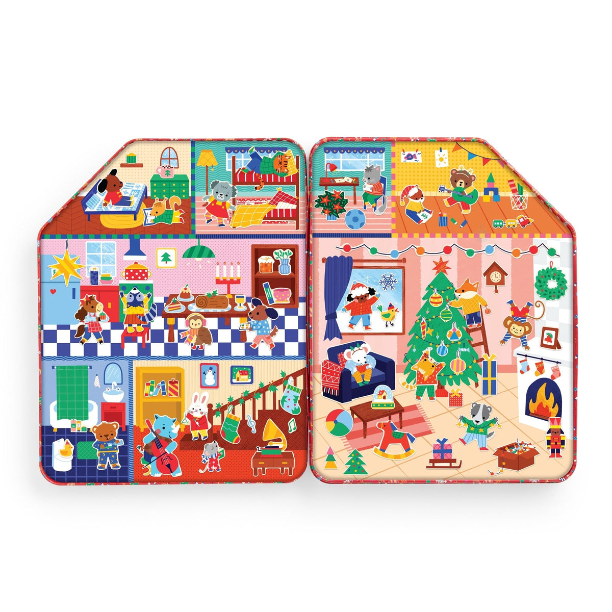An open interior view of the Merry & Bright Magnetic Playhouse by Mudpuppy tin set, displaying a fully decorated two-story holiday house scene populated with numerous festive characters, animals, and presents arranged across the rooms.