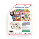 The back of the Merry & Bright Magnetic Playhouse by Mudpuppy tin set, featuring product details, previews of the magnetic sheets, and a "100+ Magnets Inside!" callout against a white background with red trim.