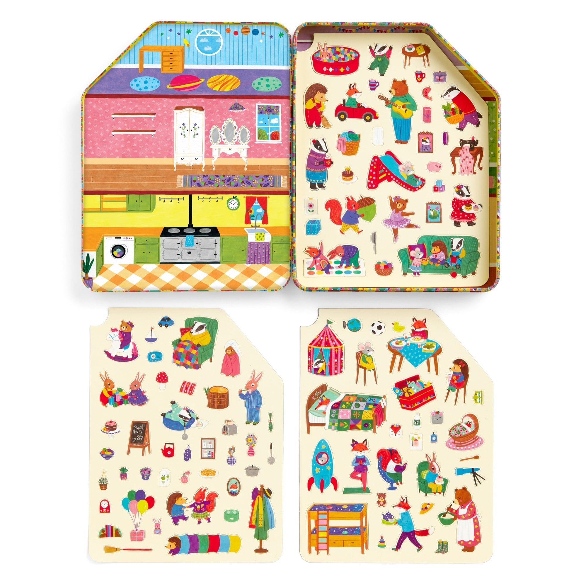 Colorful children's toy with illustrated scenes and characters on a white background