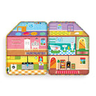 Colorful toy house with various rooms and furniture on a white background
