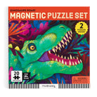 Dinosaurs Roar! Magnetic Puzzle Set by Mudpuppy product box featuring a green dinosaur illustration, showing that it includes 2 puzzles with 20 pieces each.