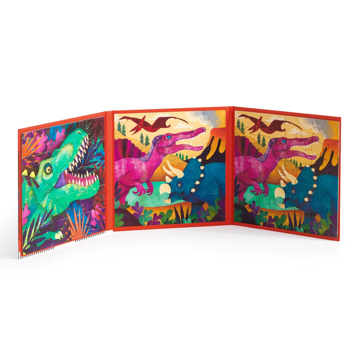 Dinosaurs Roar! Magnetic Puzzle Set open flat to display two completed 20-piece dinosaur puzzle scenes inside a red trifold case.