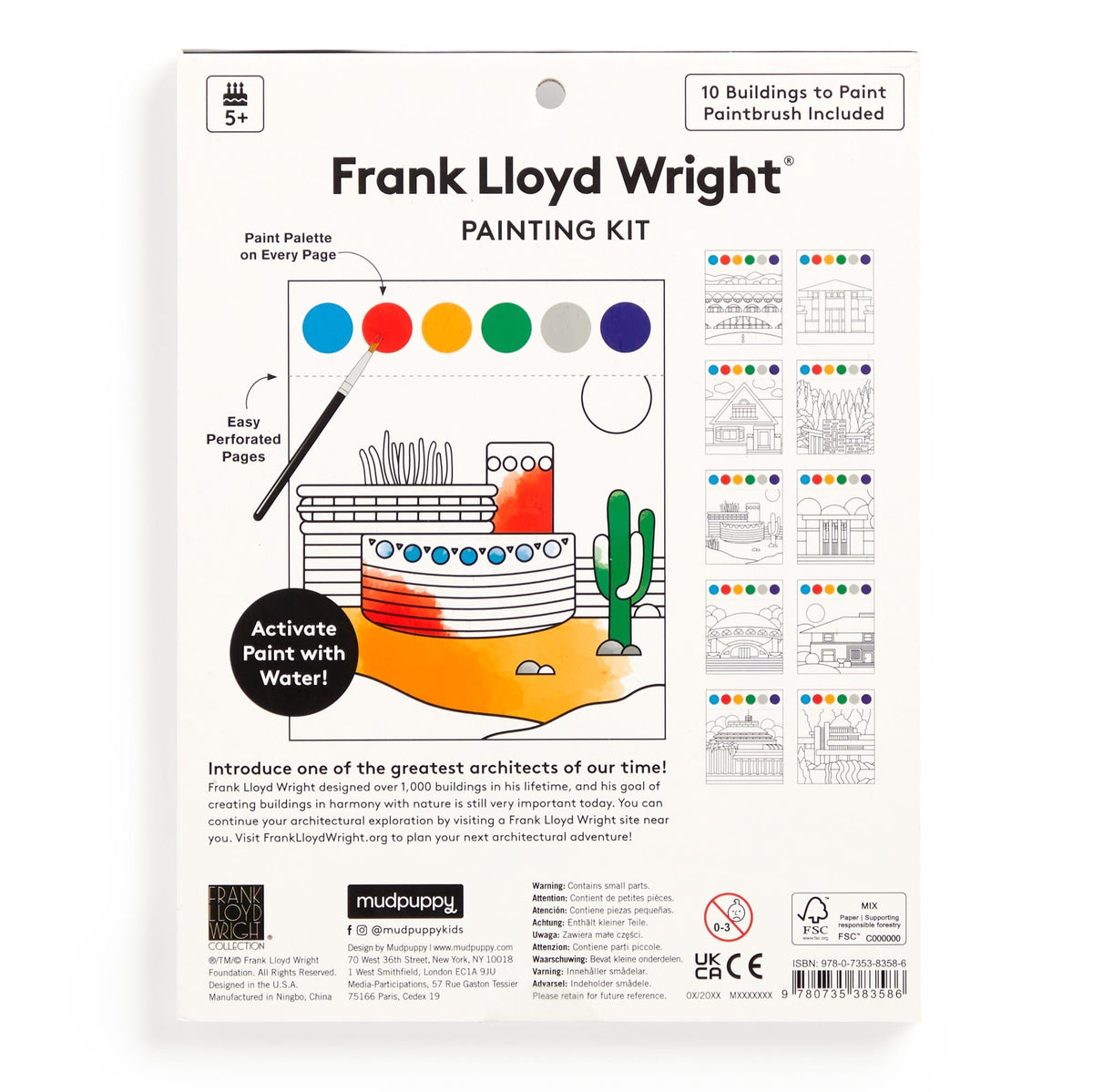 Frank Lloyd Wright painting kit packaging with illustrations and text on a white background
