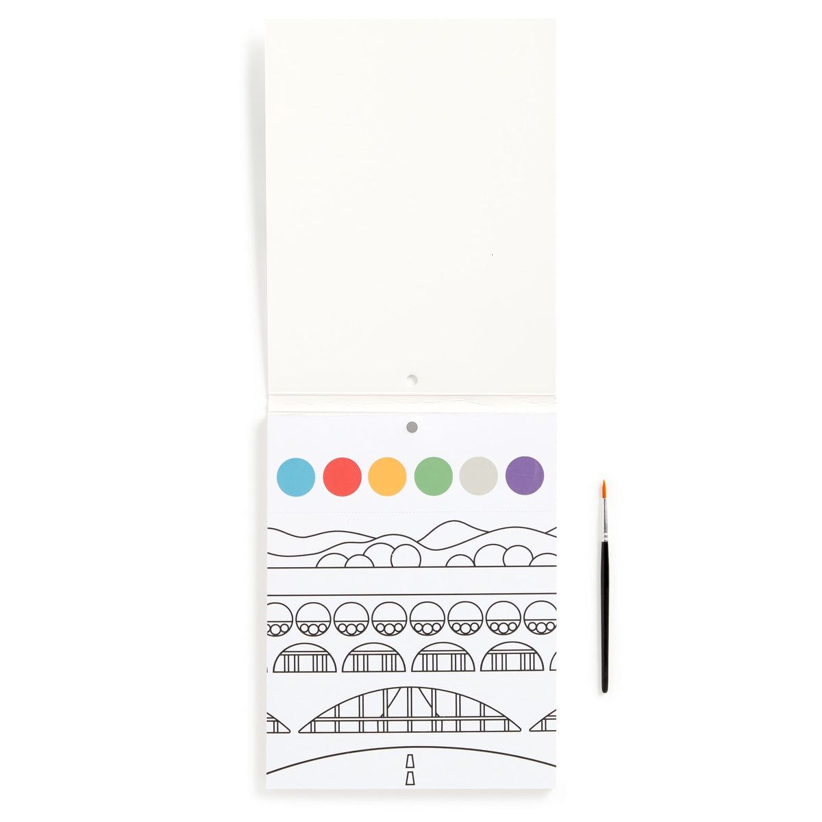 Coloring book with a brush and colored circles on a white background