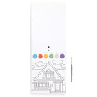 Coloring book page with a house outline and color swatches on a white background