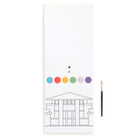Phone case with geometric design and color dots on a white background