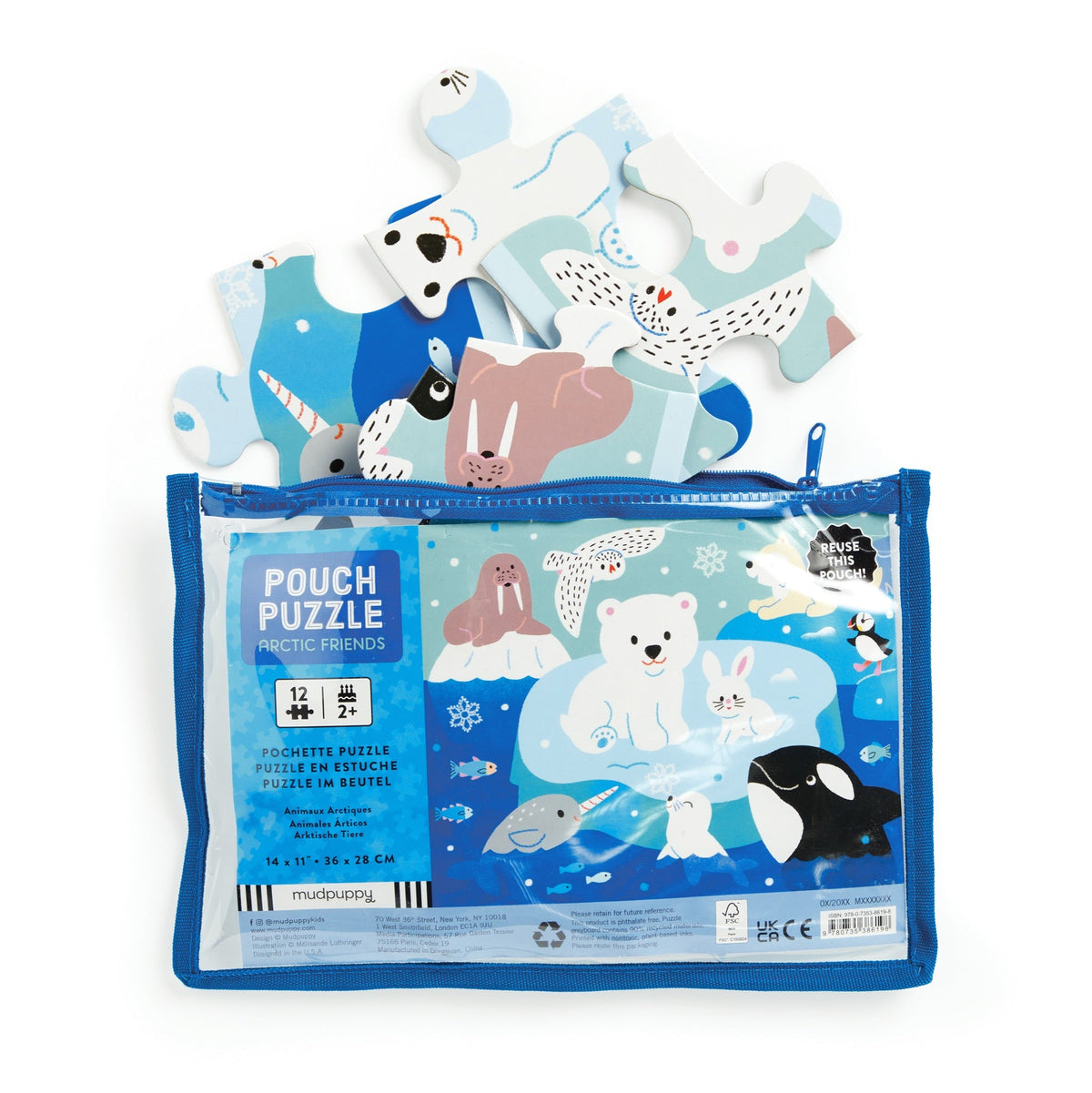 A zippered blue clear-front pouch next to loose puzzle pieces of the Mudpuppy Arctic Friends 12-piece puzzle, displaying illustrated arctic animals.