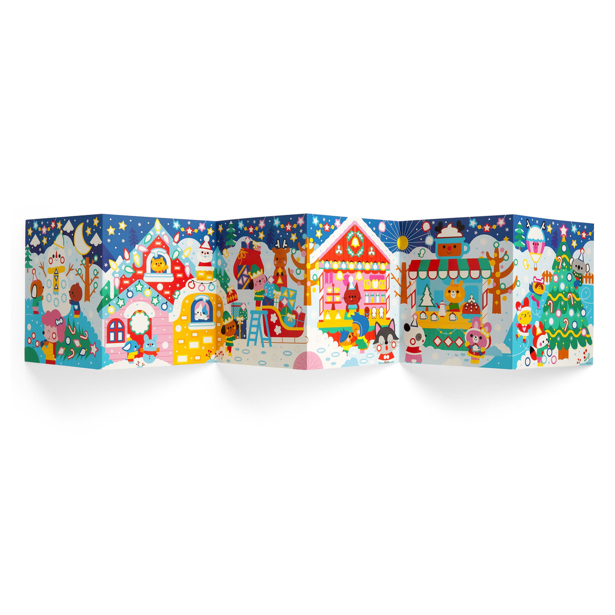 A 6-panel fold-out panoramic poster from the Mudpuppy Christmas Cheer Sticker Sparkle Poster Activity Kit, displaying a vibrant winter village scene filled with festive buildings, holiday characters, and a decorated Christmas tree.
