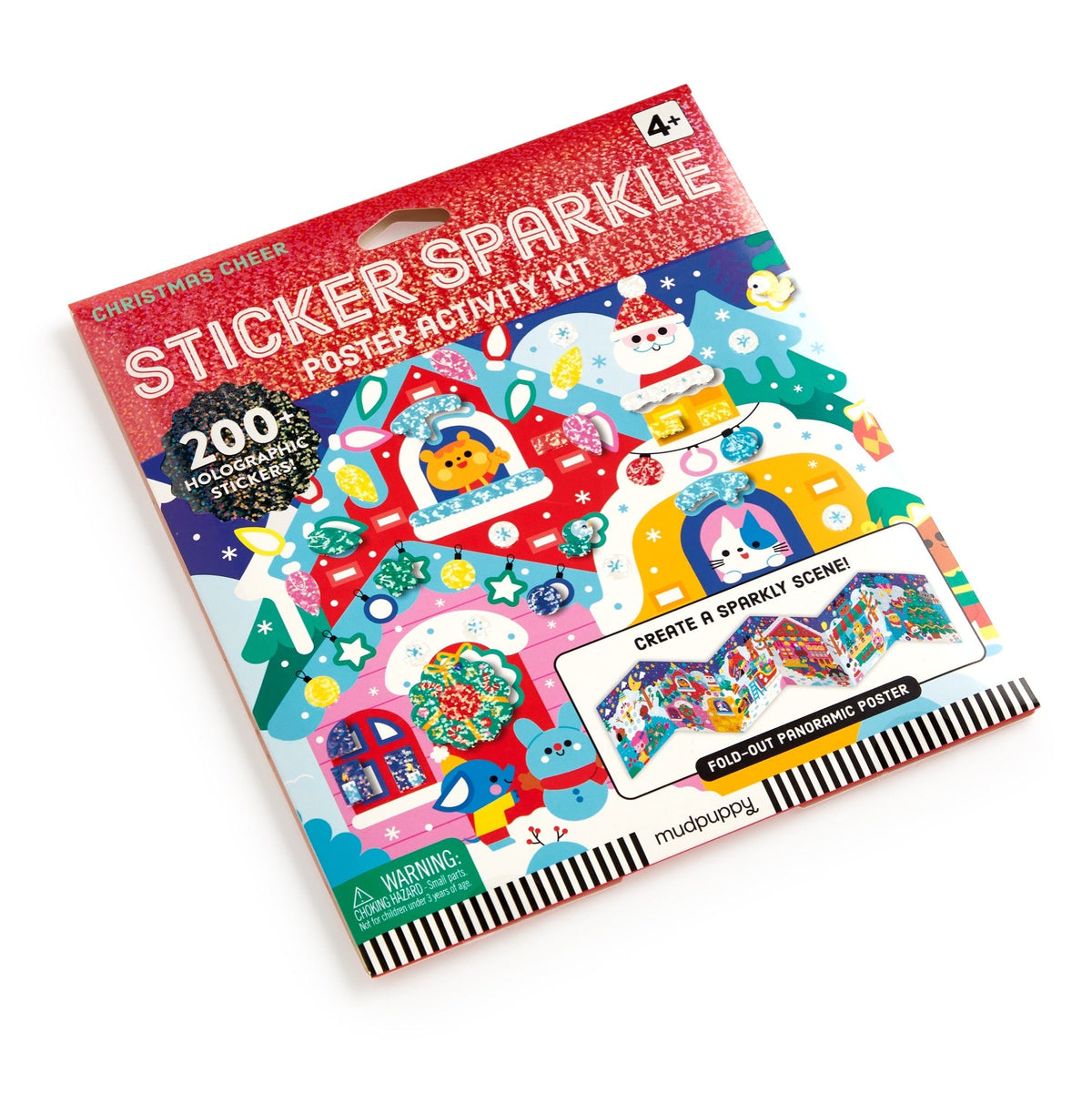 A close-up view of the Mudpuppy Christmas Cheer Sticker Sparkle Poster Activity Kit packaging, highlighting the bright red and green title banner, holographic elements, and playful holiday illustrations.
