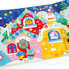 A close-up view of the 6-panel fold-out panoramic poster from the Mudpuppy Christmas Cheer Sticker Sparkle Poster Activity Kit, showcasing festive holiday illustrations including a smiling snowman, cute animal characters in colorful houses, and shimmering stars.