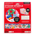 The back of the product packaging for the Mudpuppy Christmas Cheer Sticker Sparkle Poster Activity Kit, showcasing a preview of the fold-out panoramic poster, the included holographic sticker sheets, and product details on a vibrant red background.