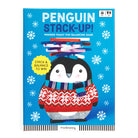 Product box for the Penguin Stack-up Wooden Balancing Game by Mudpuppy featuring a smiling, illustrated penguin wearing a red patterned winter sweater against a vibrant blue, snowy background with white snowflakes.
