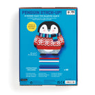 Back of the product box for the Penguin Stack-up Wooden Balancing Game by Mudpuppy, displaying game features, illustrations of the wooden penguin and stacking pieces, and product details on a blue background.