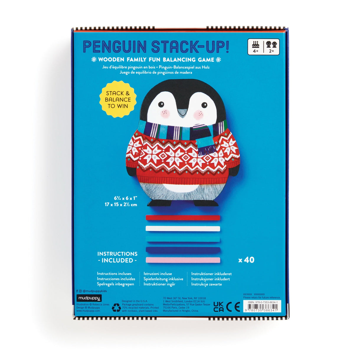 Back of the product box for the Penguin Stack-up Wooden Balancing Game by Mudpuppy, displaying game features, illustrations of the wooden penguin and stacking pieces, and product details on a blue background.