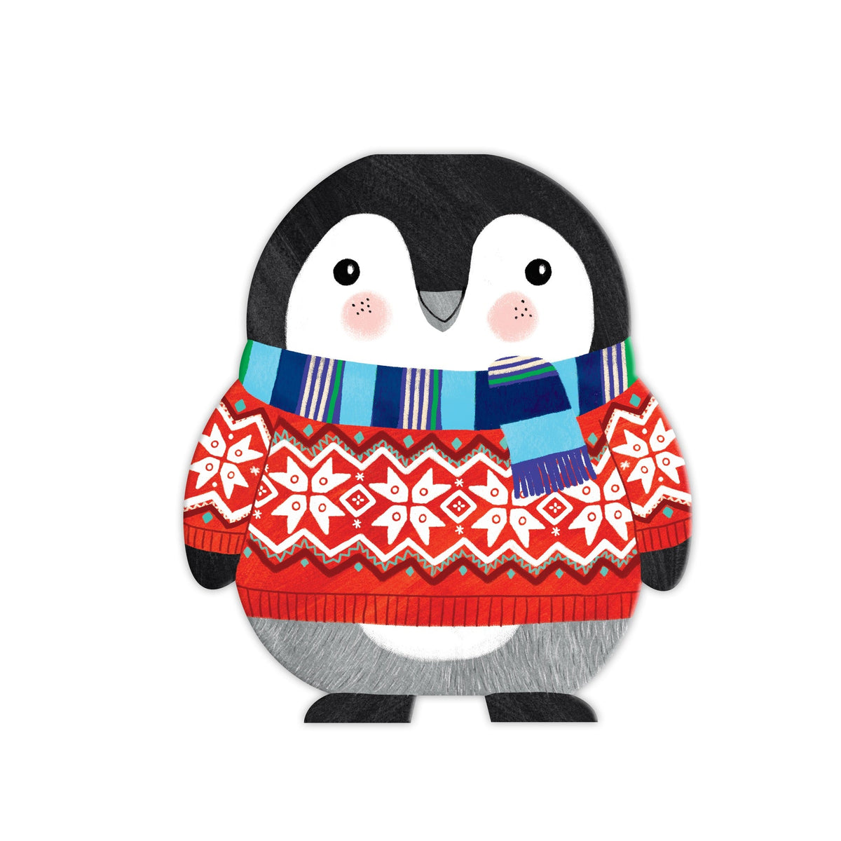 Wooden game piece for the Penguin Stack-up Wooden Balancing Game, shaped like an illustrated penguin with rosy cheeks, wearing a festive red patterned fair isle sweater and a blue-and-green striped scarf against a white background.