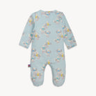 Baby onesie with bee pattern on a light blue background