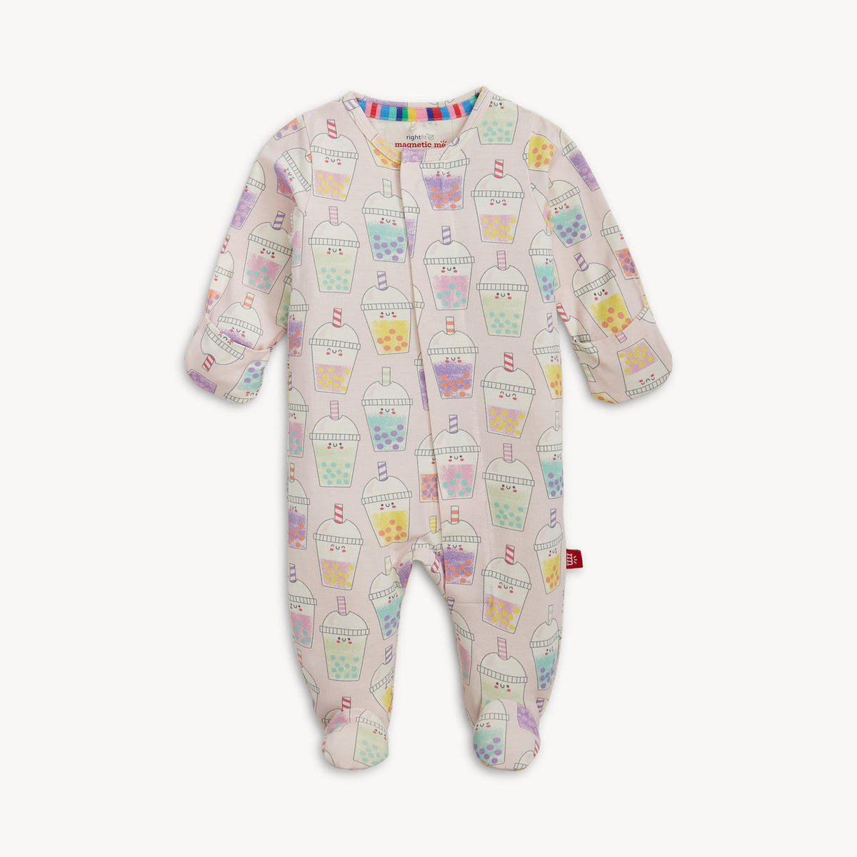 Baby onesie with colorful cupcake pattern on a white background