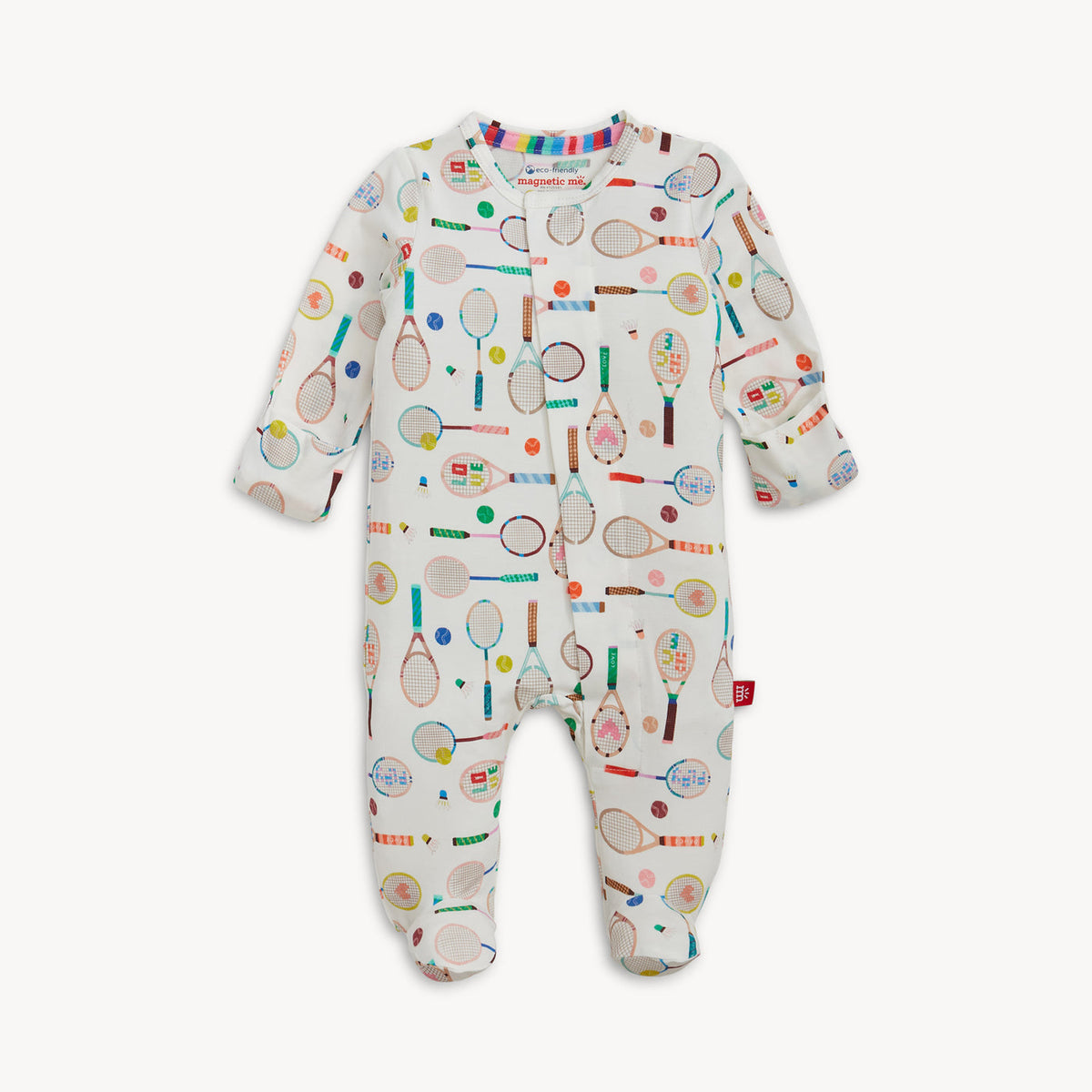 Baby onesie with sports-themed pattern on a white background