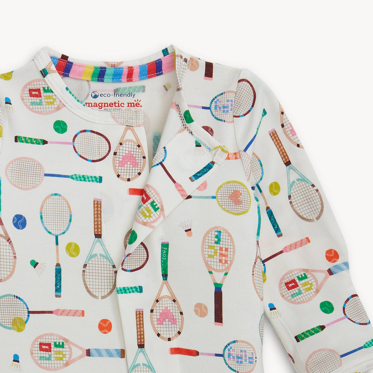 Children's long-sleeve shirt with tennis racket pattern on a white background