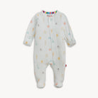 Baby onesie with colorful patterns on a white background