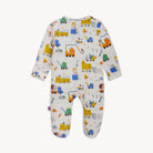Baby onesie with vehicle pattern on a white background