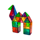 Translucent, colorful magnetic tiles assembled into the shape of a camel against a transparent background.