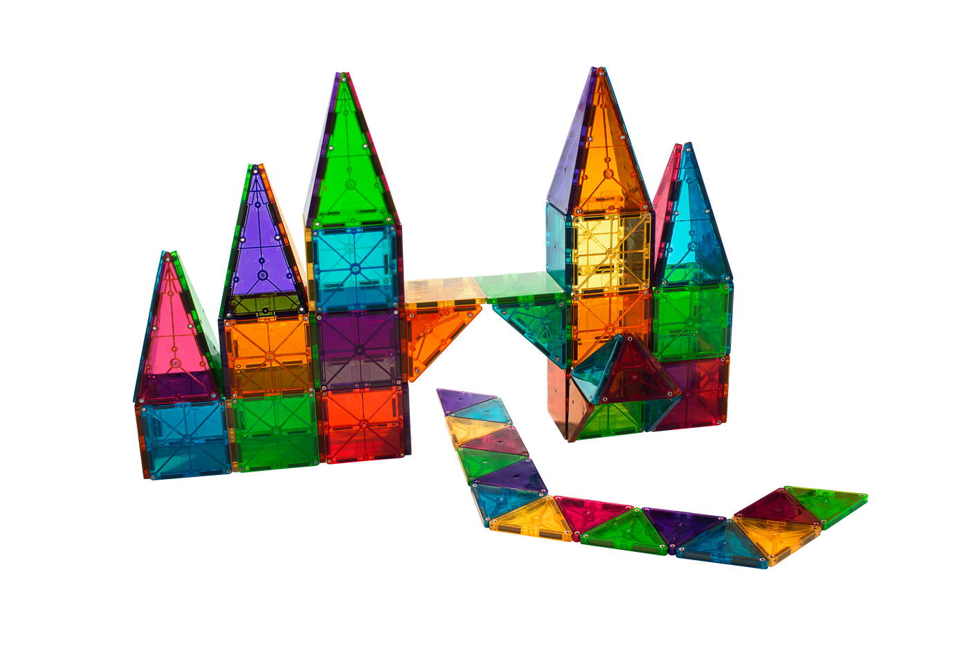 Colorful, translucent magnetic tiles assembled into castle-like structures and a winding path, shown against a transparent background.