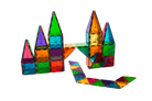 Colorful, translucent magnetic tiles assembled into castle-like structures and a winding path, shown against a transparent background.