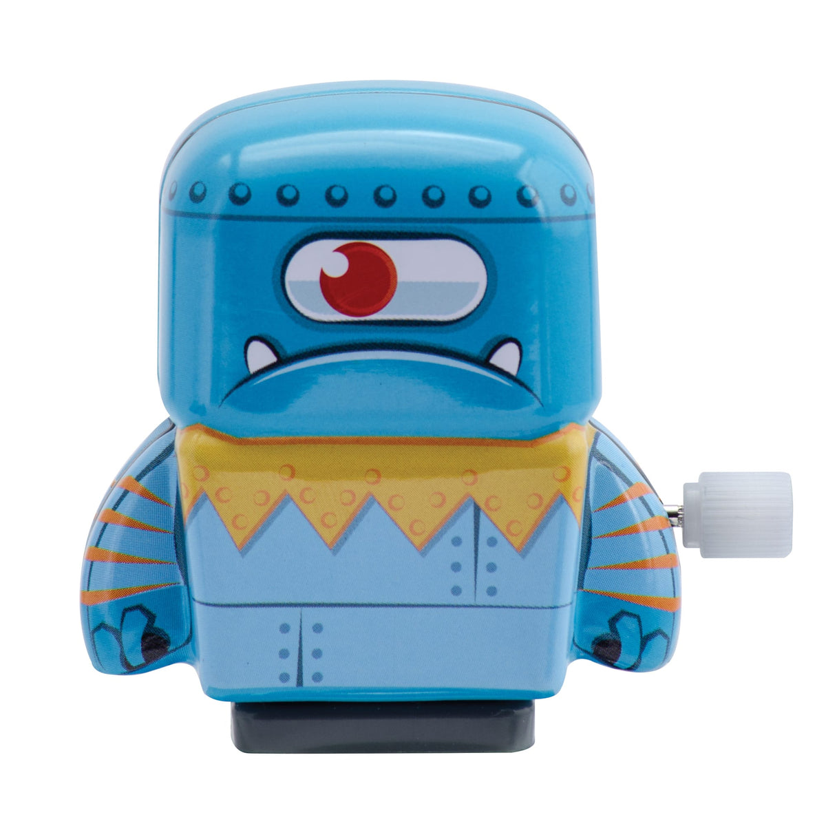 Blue toy robot with a single eye red on a white background