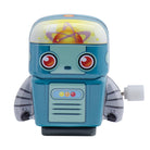 Blue toy robot with a double eye on a white background