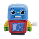 Blue toy robot with a double eye and mouth on a white background