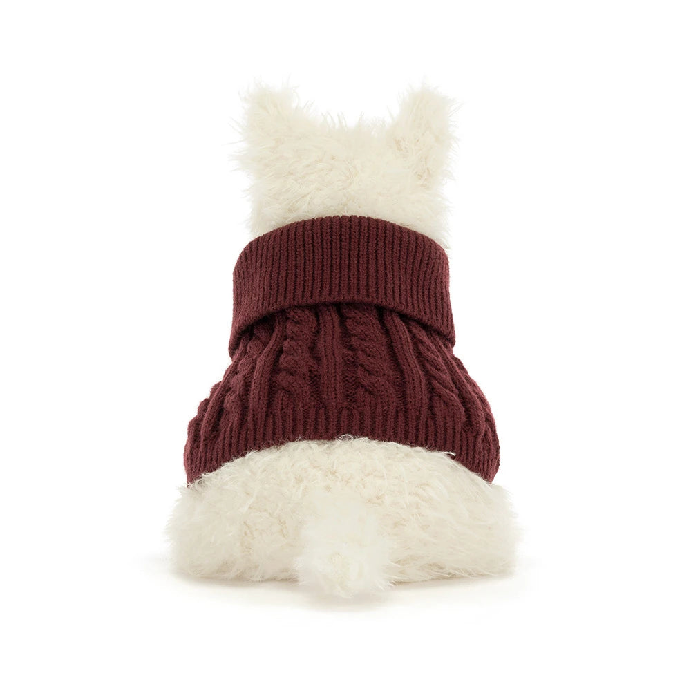A small white dog viewed from behind wearing a burgundy cable-knit pet sweater, isolated on a white background.