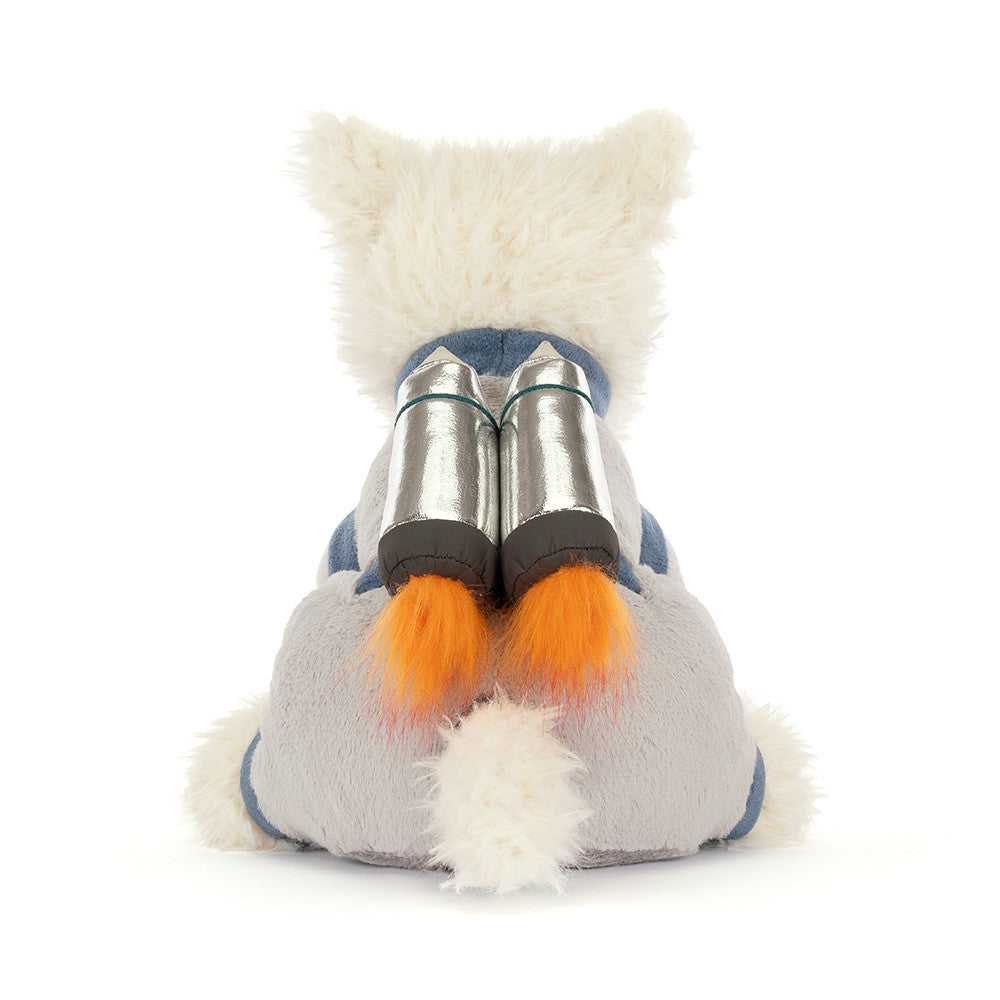 Plush toy resembling a fox with metallic body and orange feet on a white background