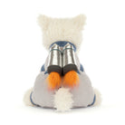 Plush toy resembling a fox with metallic body and orange feet on a white background