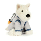 A plush toy dog wearing a gray astronaut suit with blue stripes and a small silver space backpack with an orange flame detail, photographed on a clean white background.