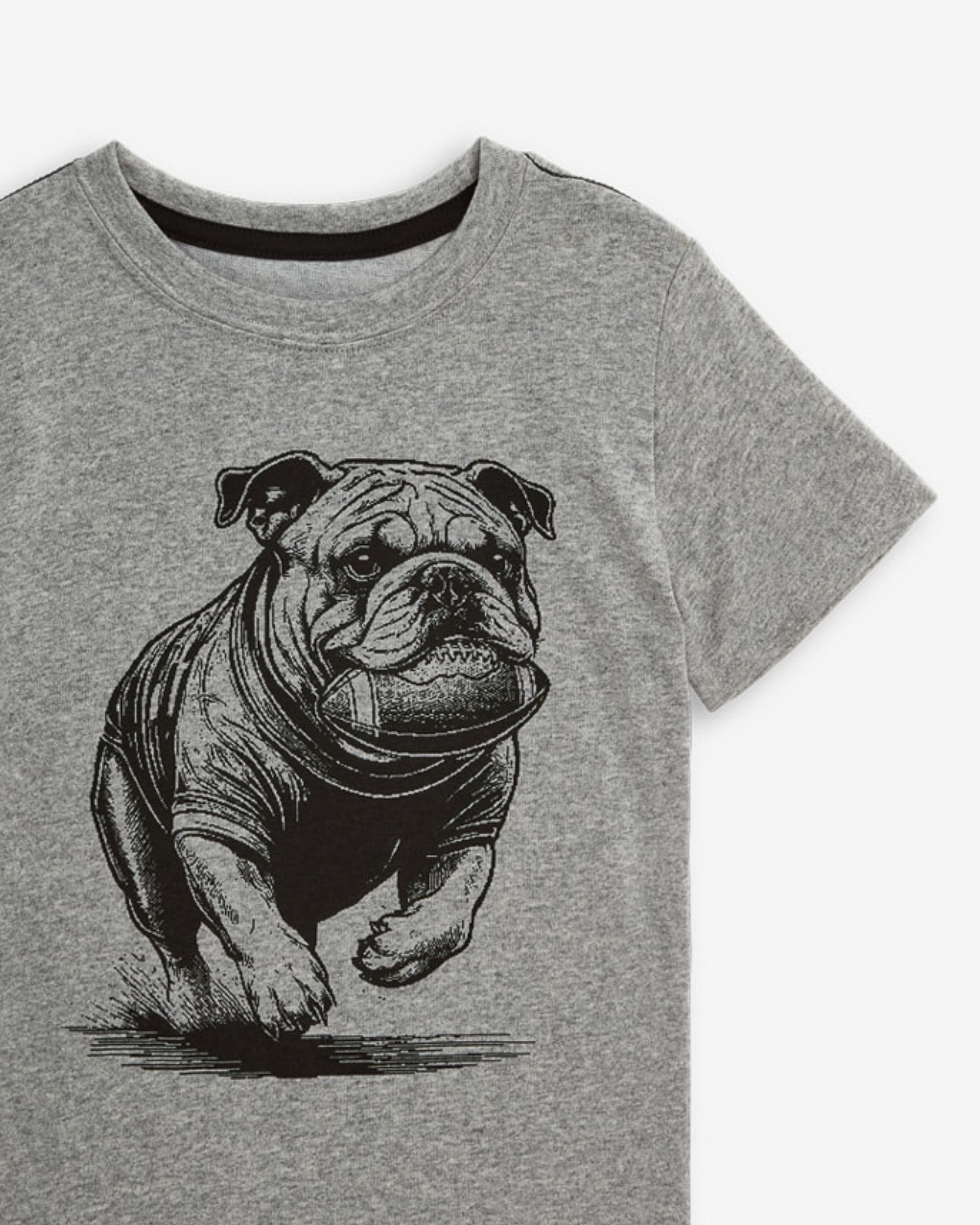 Gray t-shirt with a bulldog graphic on a white background