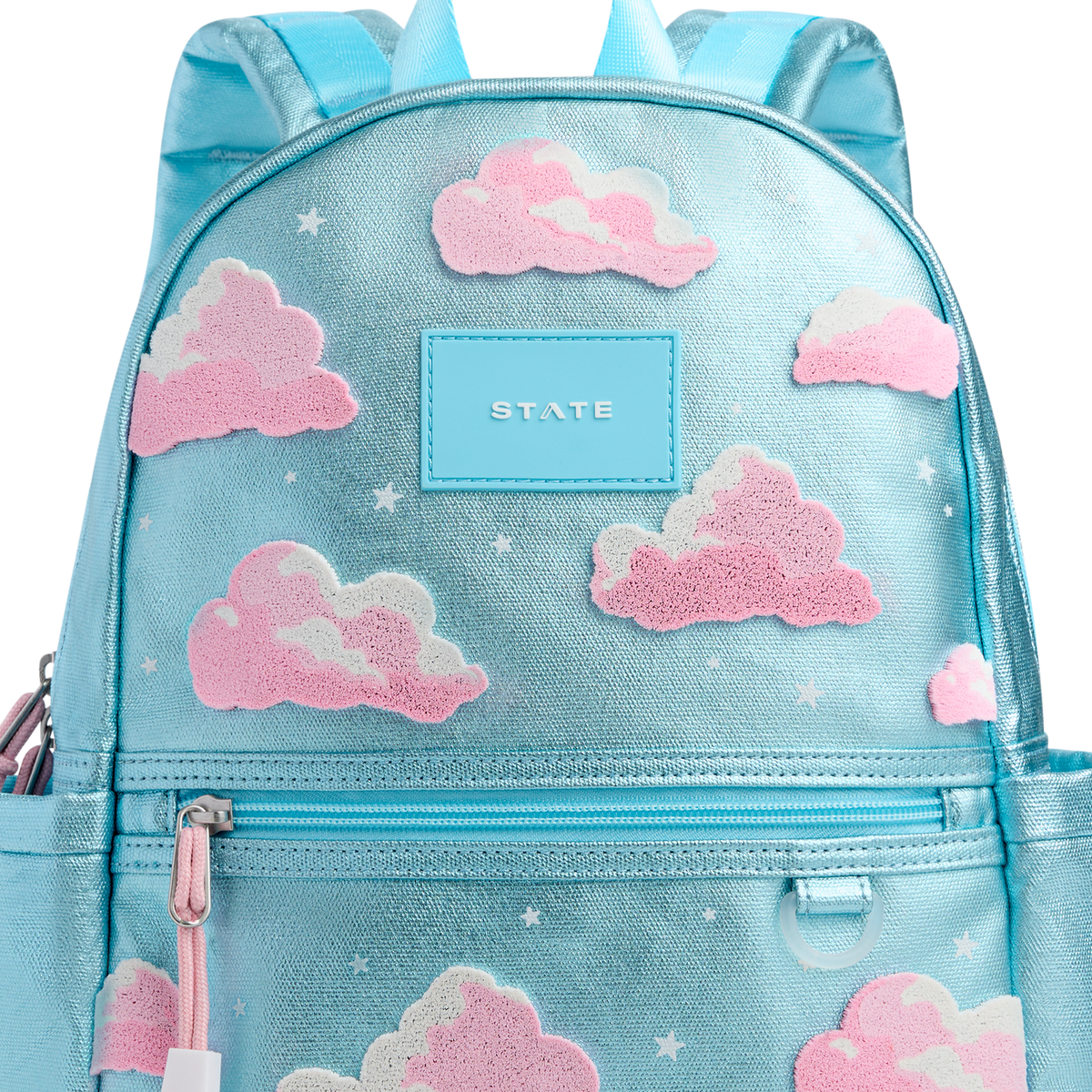 Light blue backpack with pink cloud patterns and 'STATE' logo on a white background
