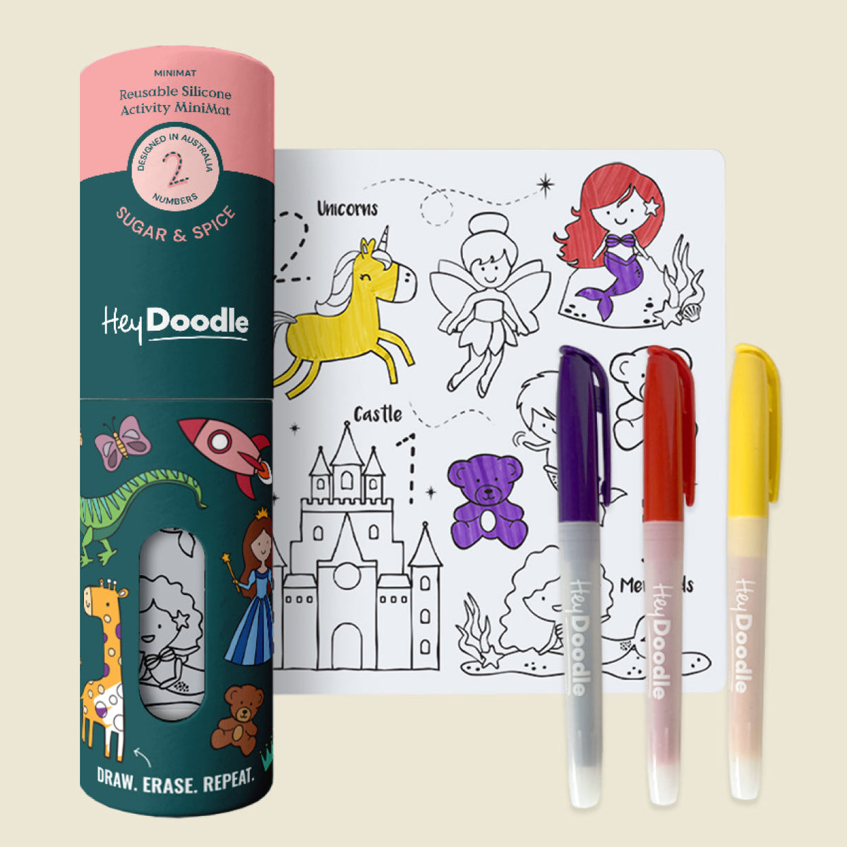 HeyDoodle coloring book with markers on a beige background