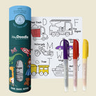 HeyDoodle product set with coloring book and markers on a beige background