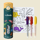 HeyDoodle activity mini mat with coloring pages and three markers on a beige background
