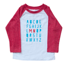 Children's long-sleeve shirt with red sleeves and white body displaying a blue alphabet pattern on a white background.