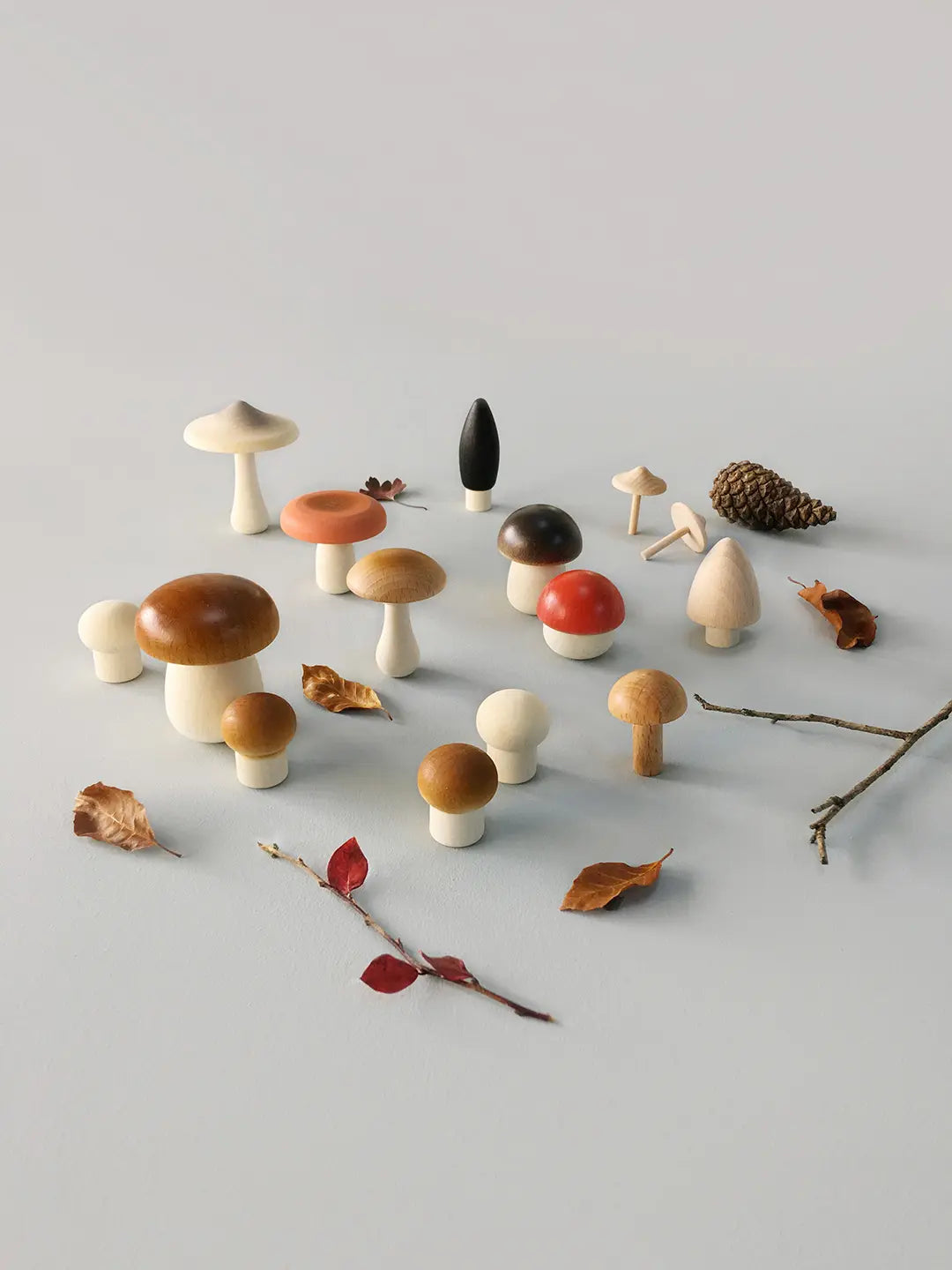 Wooden Mushroom Play Set. The set features assorted mushroom-shaped pieces in natural wood tones and playful colors, presented in a kraft gift-style box with shredded paper filler on a white background.